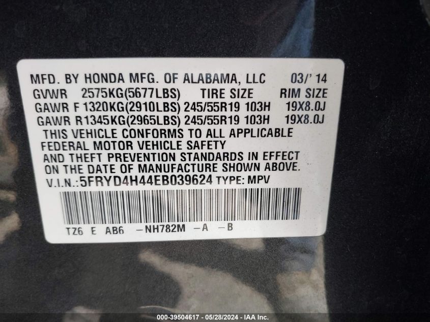 2014 Acura Mdx Technology Package VIN: 5FRYD4H44EB039624 Lot: 39504617