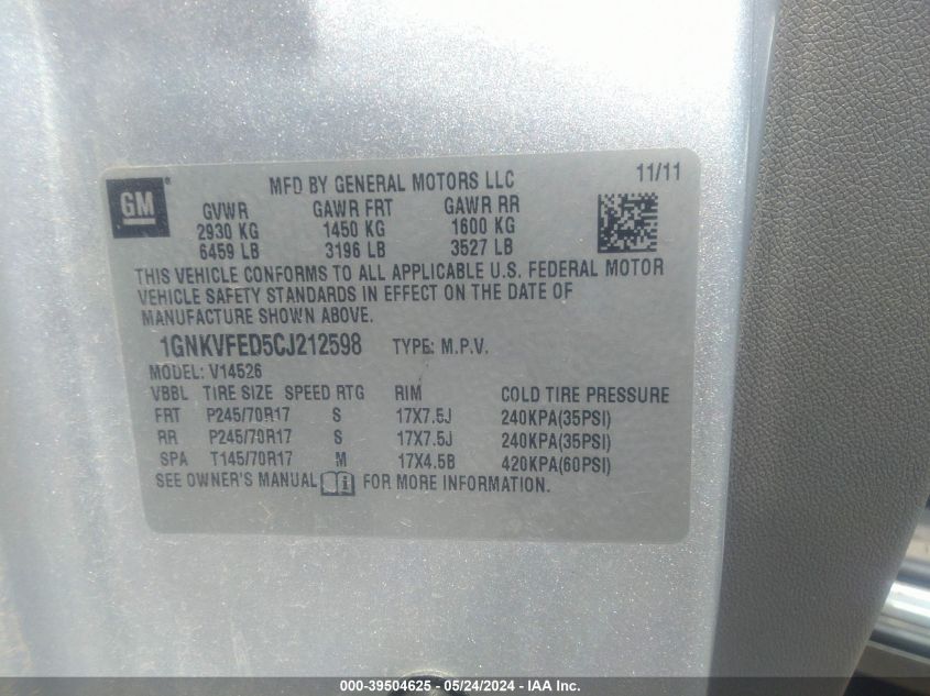 2012 Chevrolet Traverse Ls VIN: 1GNKVFED5CJ212598 Lot: 39504625