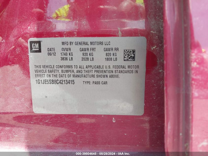 2012 Chevrolet Sonic 2Lz VIN: 1G1JE5SB8C4213415 Lot: 39504645