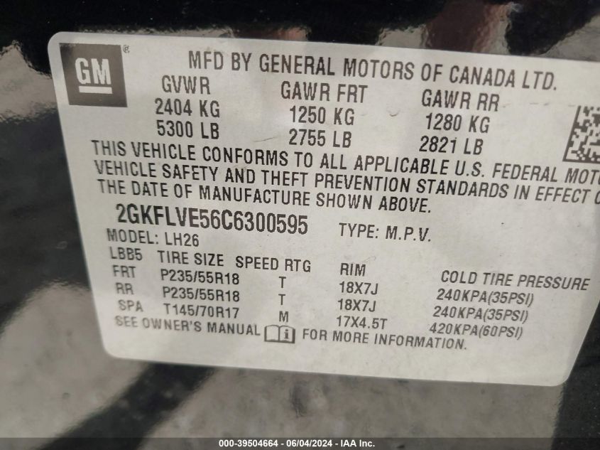 2012 GMC Terrain Slt-1 VIN: 2GKFLVE56C6300595 Lot: 39504664