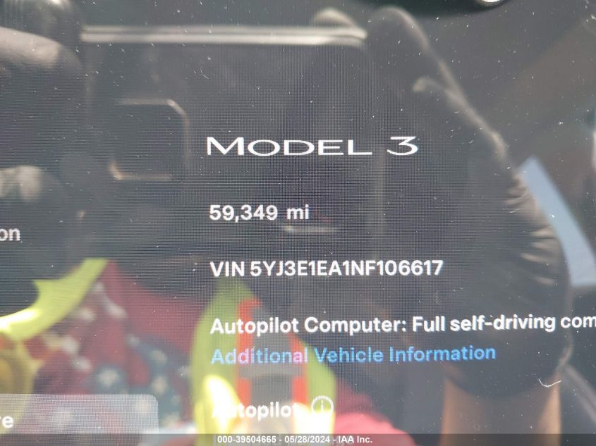 2022 Tesla Model 3 Rear-Wheel Drive VIN: 5YJ3E1EA1NF106617 Lot: 39504665