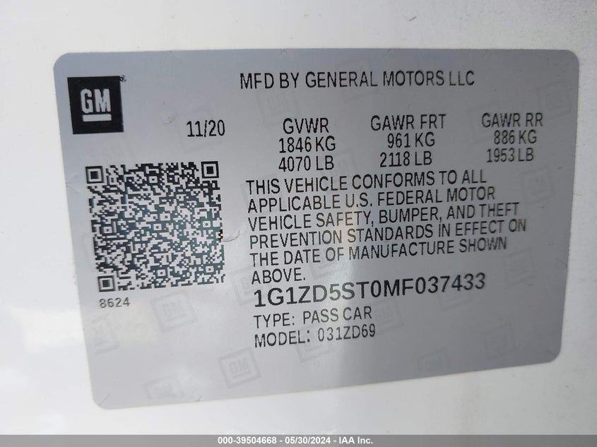 2021 Chevrolet Malibu Fwd Lt VIN: 1G1ZD5ST0MF037433 Lot: 39504668