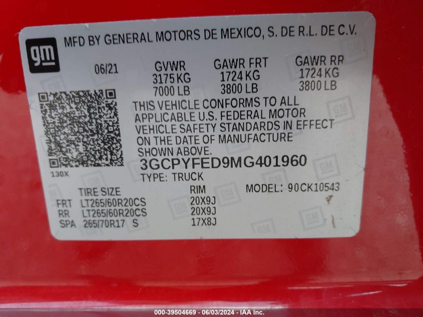 2021 Chevrolet Silverado 1500 4Wd Short Bed Lt Trail Boss VIN: 3GCPYFED9MG401960 Lot: 39504669