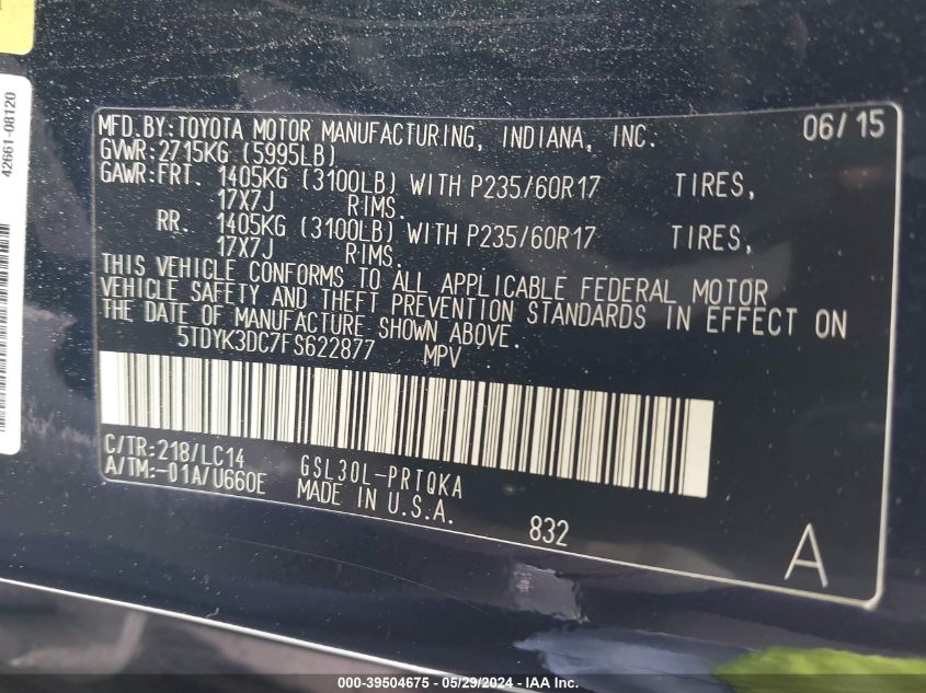 2015 Toyota Sienna Xle Premium 8 Passenger VIN: 5TDYK3DC7FS622877 Lot: 39504675