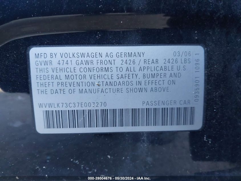 2007 Volkswagen Passat 2.0T VIN: WVWLK73C37E007270 Lot: 39504676
