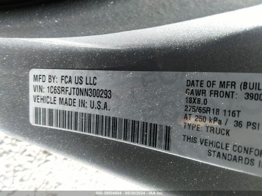 2022 Ram 1500 Laramie 4X4 5'7 Box VIN: 1C6SRFJT0NN300293 Lot: 39504684