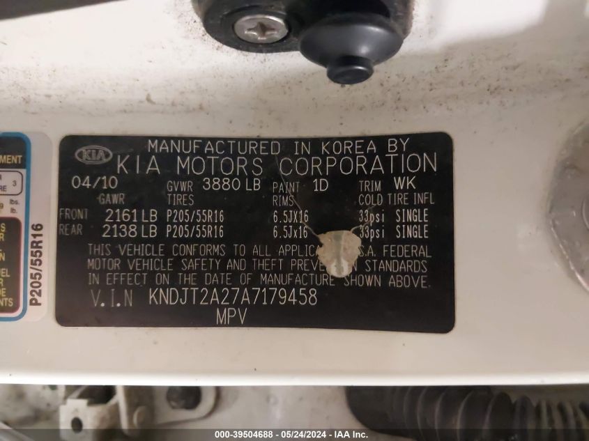 2010 Kia Soul + VIN: KNDJT2A27A7179458 Lot: 39504688