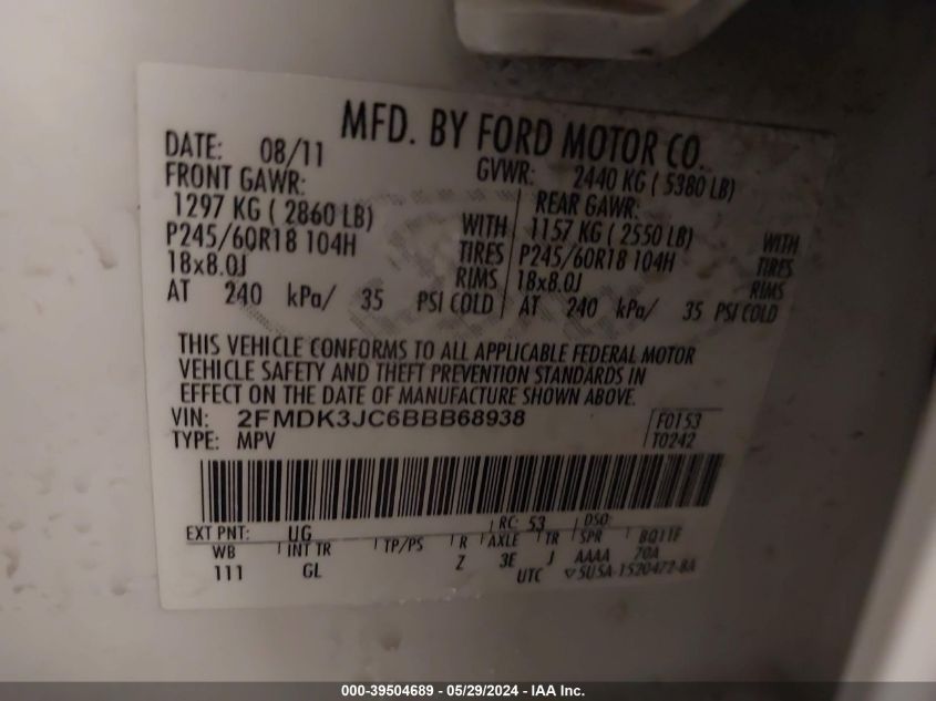 2011 Ford Edge Sel VIN: 2FMDK3JC6BBB68938 Lot: 39504689