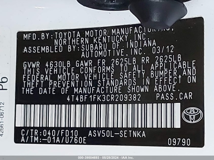 2012 Toyota Camry Le VIN: 4T4BF1FK3CR209382 Lot: 39504693