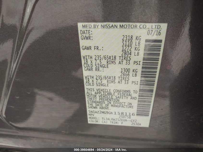 2016 Nissan Murano Sl VIN: 5N1AZ2MG9GN158116 Lot: 39504694