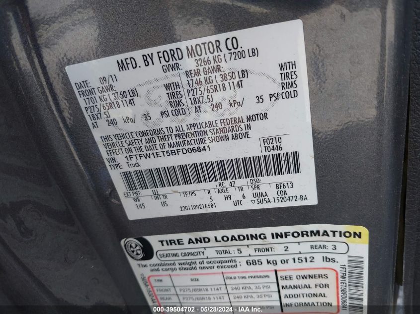 2011 Ford F-150 Xlt VIN: 1FTFW1ET5BFD06841 Lot: 39504702