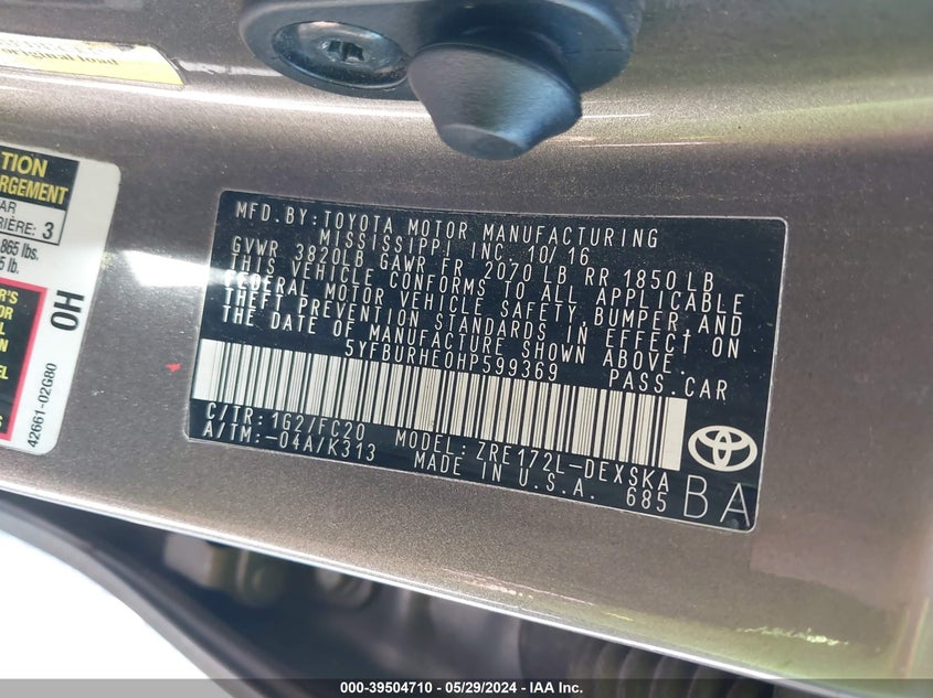 2017 Toyota Corolla Se VIN: 5YFBURHE0HP599369 Lot: 39504710