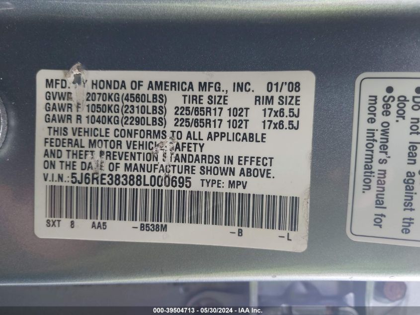 2008 Honda Cr-V Lx VIN: 5J6RE38388L000695 Lot: 39504713