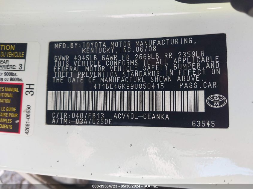 2009 Toyota Camry VIN: 4T1BE46K99U850415 Lot: 39504723