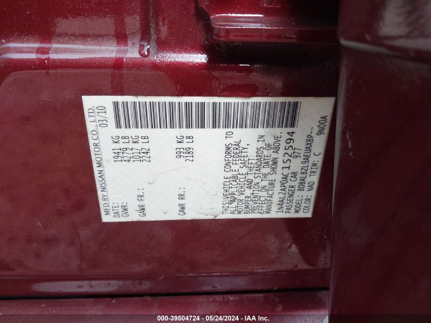 2010 Nissan Altima 2.5 S VIN: 1N4AL2AP0AC152594 Lot: 39504724