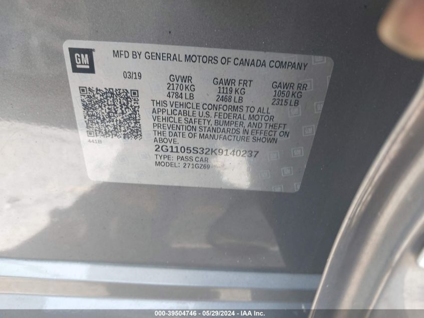 2019 Chevrolet Impala Premier VIN: 2G1105S32K9140237 Lot: 39504746