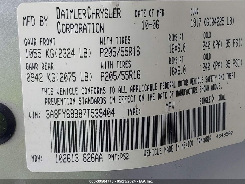 2007 Chrysler Pt Cruiser Limited VIN: 3A8FY68B87T539404 Lot: 39504773