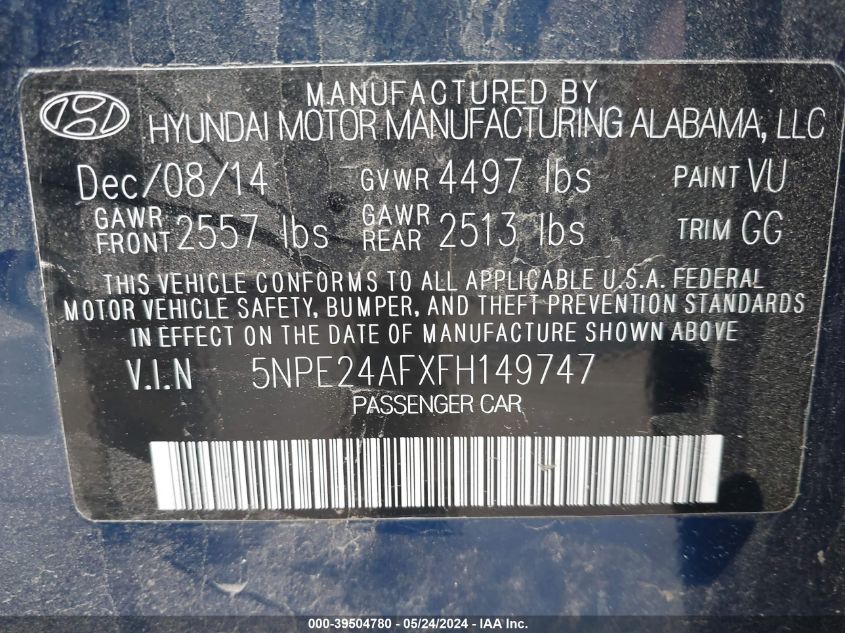 2015 Hyundai Sonata Se VIN: 5NPE24AFXFH149747 Lot: 39504780