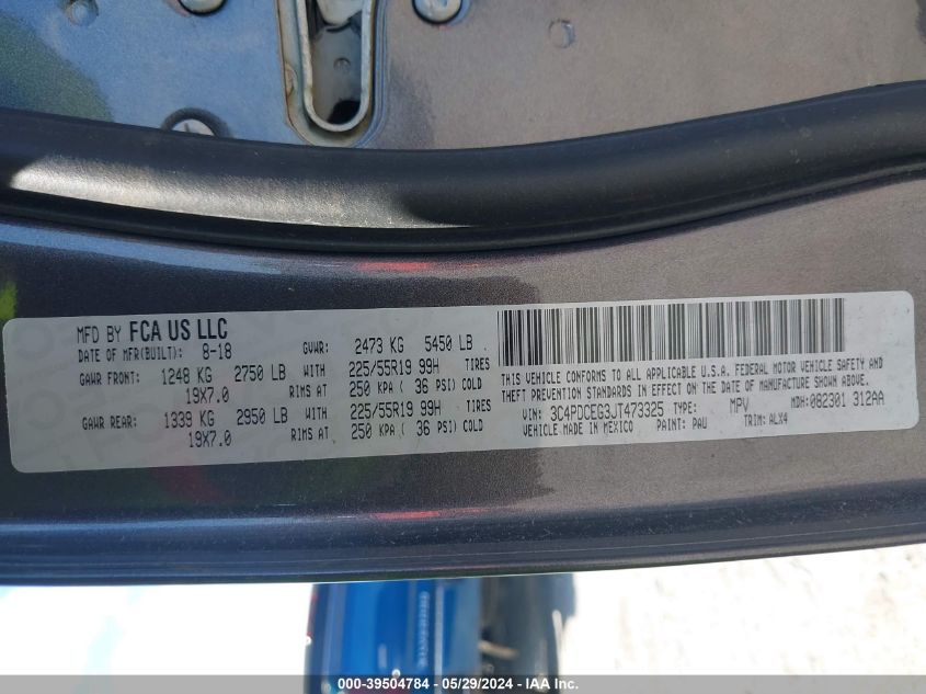 2018 Dodge Journey Gt VIN: 3C4PDCEG3JT473325 Lot: 39504784