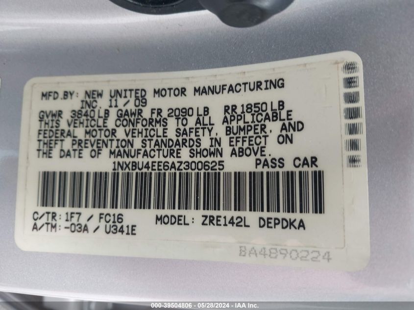 2010 Toyota Corolla Le VIN: 1NXBU4EE6AZ300625 Lot: 39504806