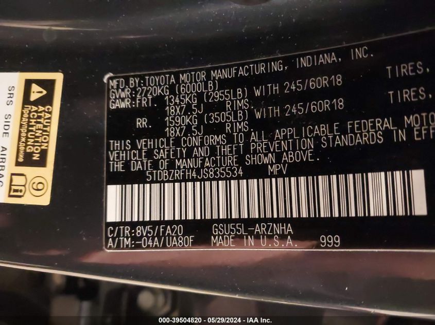 2018 Toyota Highlander Le Plus VIN: 5TDBZRFH4JS835534 Lot: 39504820
