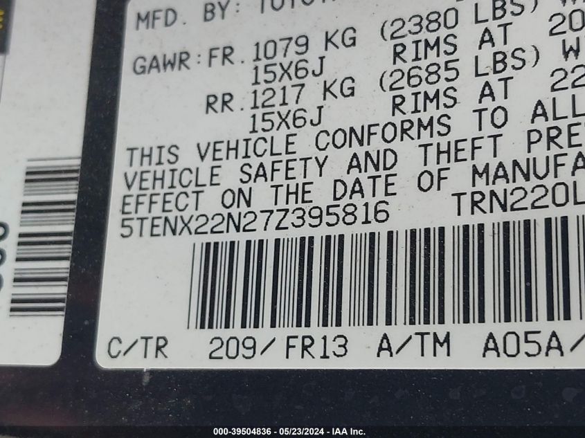 2007 Toyota Tacoma VIN: 5TENX22N27Z395816 Lot: 39504836