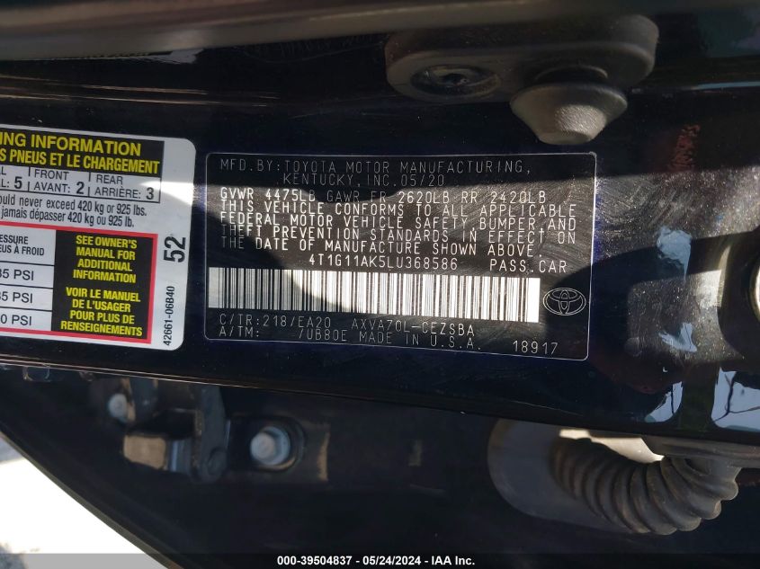 2020 Toyota Camry Se VIN: 4T1G11AK5LU368586 Lot: 39504837