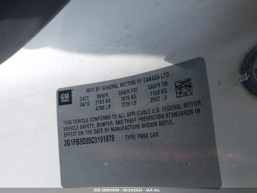 2012 Chevrolet Camaro 1Lt VIN: 2G1FB3D35C9191878 Lot: 39504849