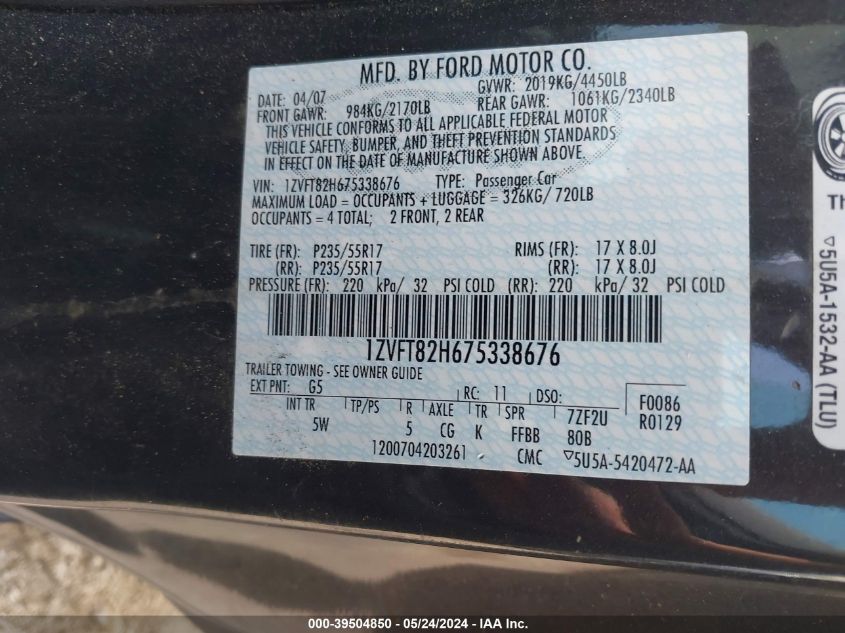 2007 Ford Mustang Gt Deluxe/Gt Premium VIN: 1ZVFT82H675338676 Lot: 39504850