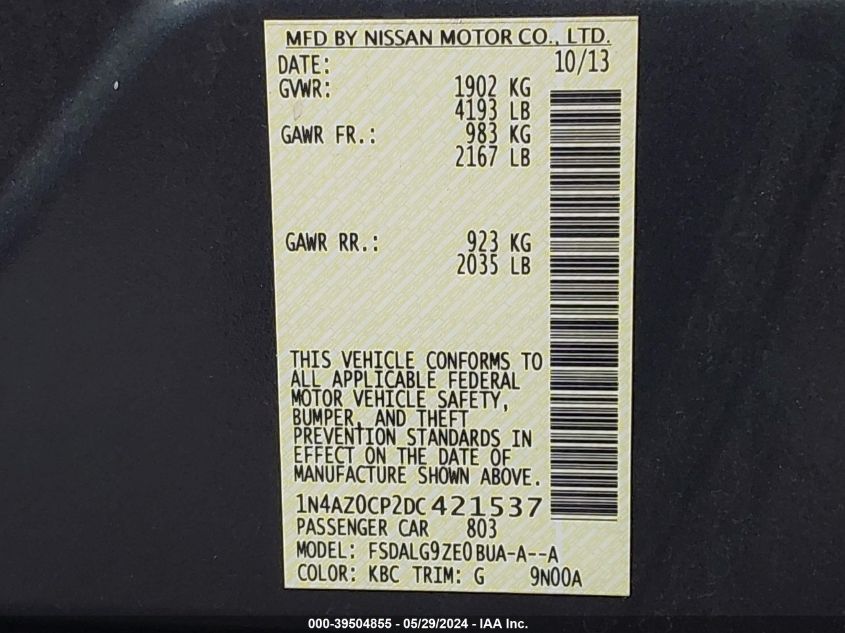 2013 Nissan Leaf Sl VIN: 1N4AZ0CP2DC421537 Lot: 39504855