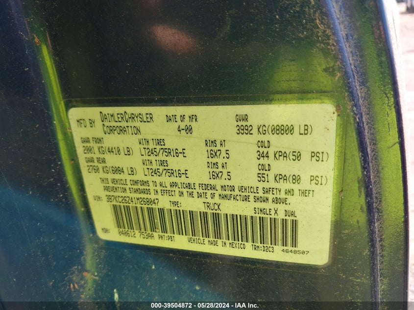 2001 Dodge Ram 2500 St VIN: 3B7KC26Z41M268047 Lot: 39504872