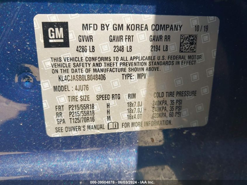 2020 Buick Encore Fwd Preferred VIN: KL4CJASB0LB048406 Lot: 39504878