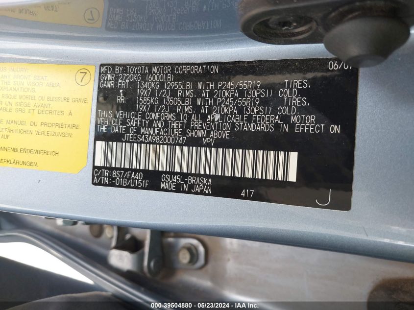 2008 Toyota Highlander Sport VIN: JTEES43A982000747 Lot: 39504880