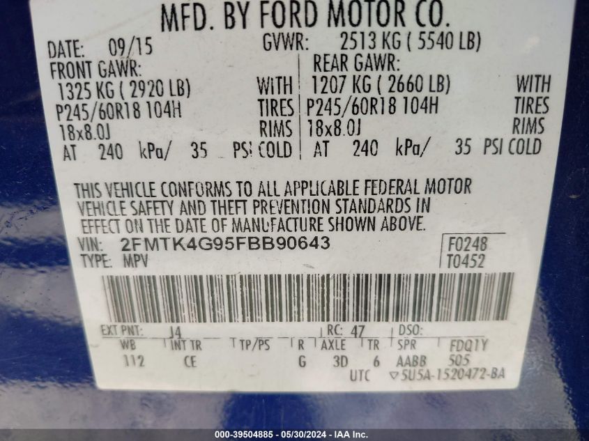 2015 Ford Edge Se VIN: 2FMTK4G95FBB90643 Lot: 39504885