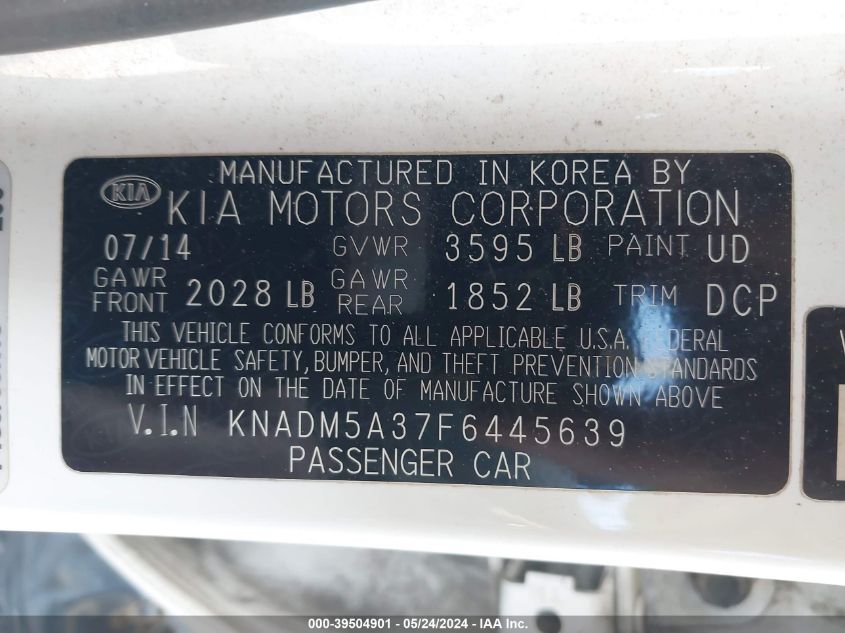 2015 Kia Rio Lx VIN: KNADM5A37F6445639 Lot: 39504901