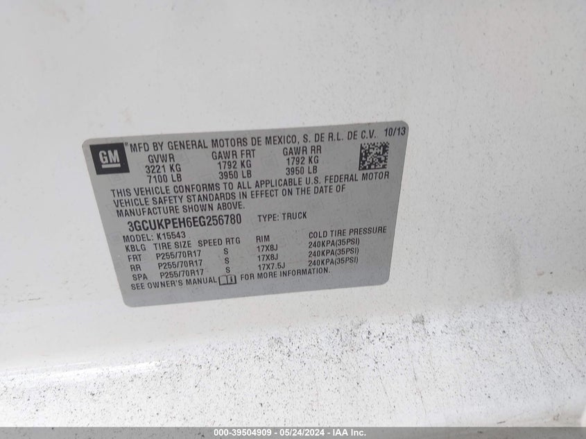 2014 Chevrolet Silverado 1500 Work Truck 1Wt VIN: 3GCUKPEH6EG256780 Lot: 39504909