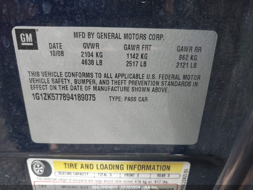 2009 Chevrolet Malibu Ltz VIN: 1G1ZK577894189075 Lot: 39504910