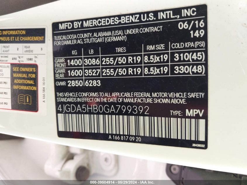 2016 Mercedes-Benz Gle 350 4Matic VIN: 4JGDA5HB0GA799392 Lot: 39504914