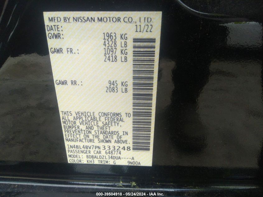 2023 Nissan Altima S Fwd VIN: 1N4BL4BV7PN333248 Lot: 39504918