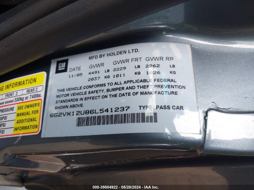 2006 Pontiac Gto VIN: 6G2VX12U86L541237 Lot: 39504922