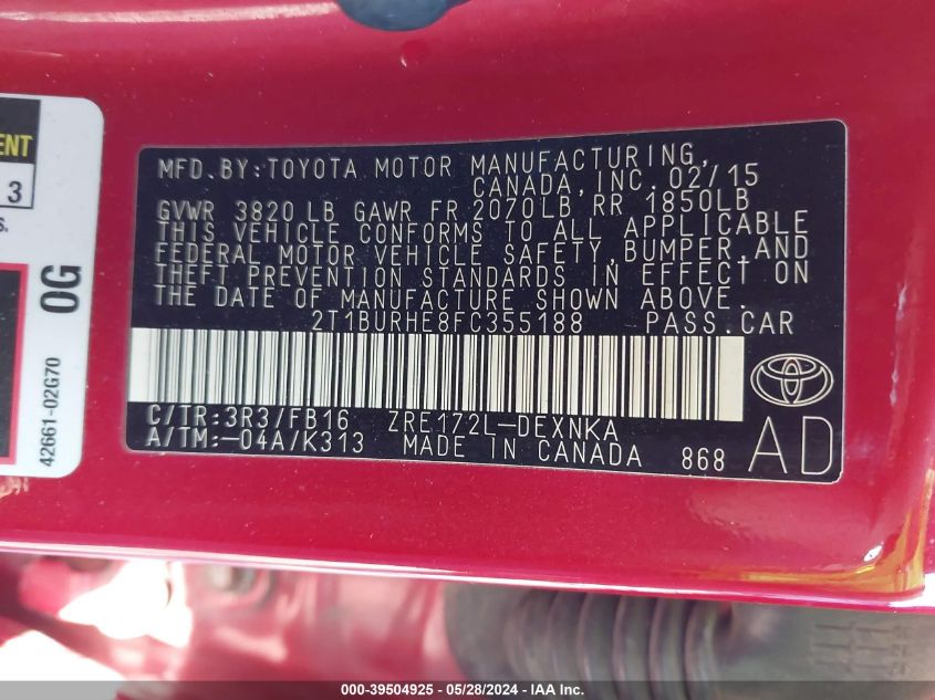 2015 Toyota Corolla Le VIN: 2T1BURHE8FC355188 Lot: 39504925
