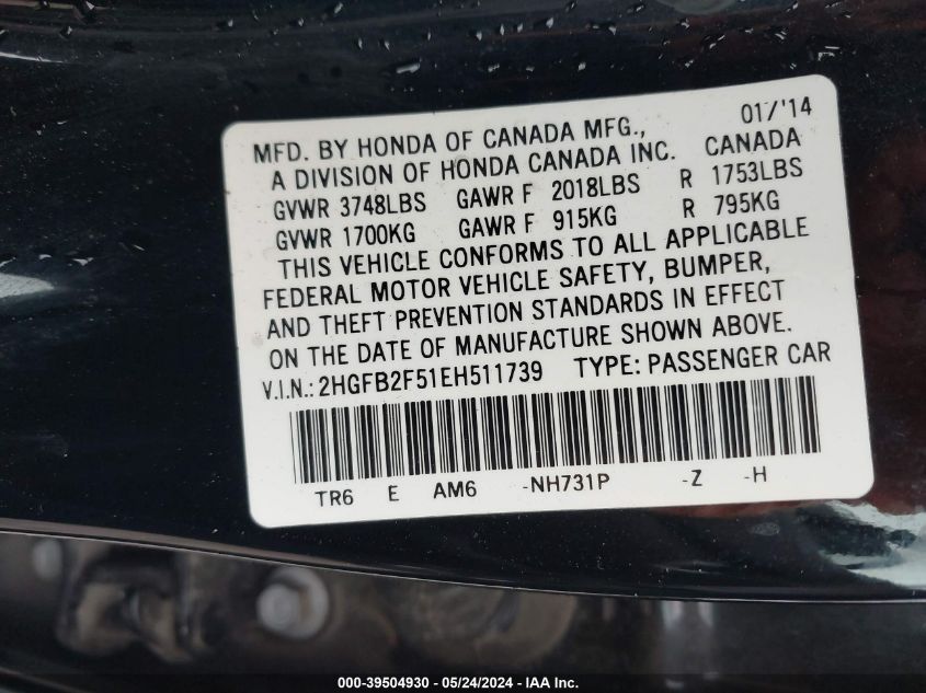 2014 Honda Civic Lx VIN: 2HGFB2F51EH511739 Lot: 39504930