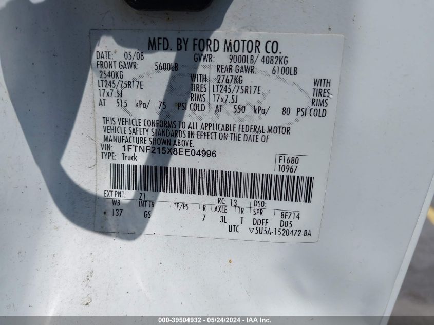 2008 Ford F-250 Xl/Xlt VIN: 1FTNF215X8EE04996 Lot: 39504932
