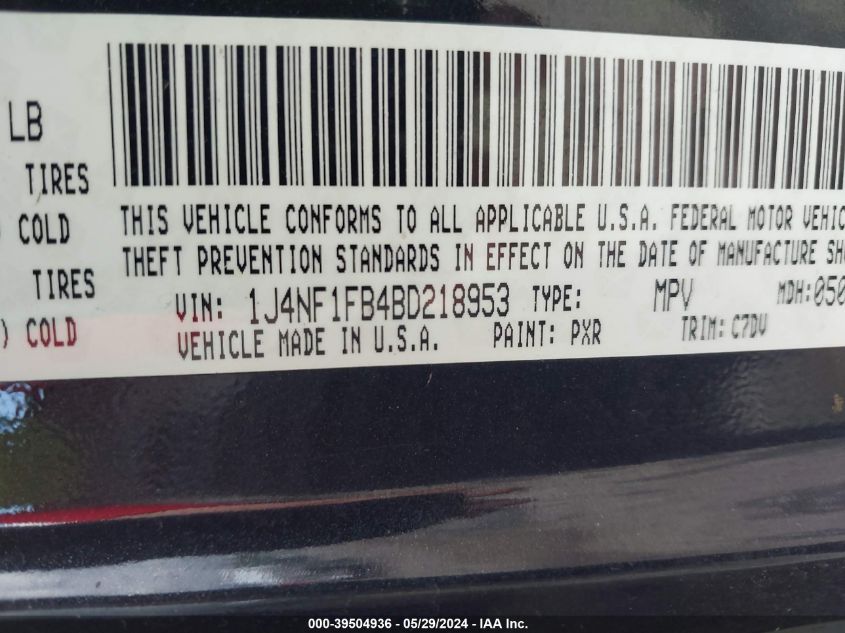 2011 Jeep Compass VIN: 1J4NF1FB4BD218953 Lot: 39504936