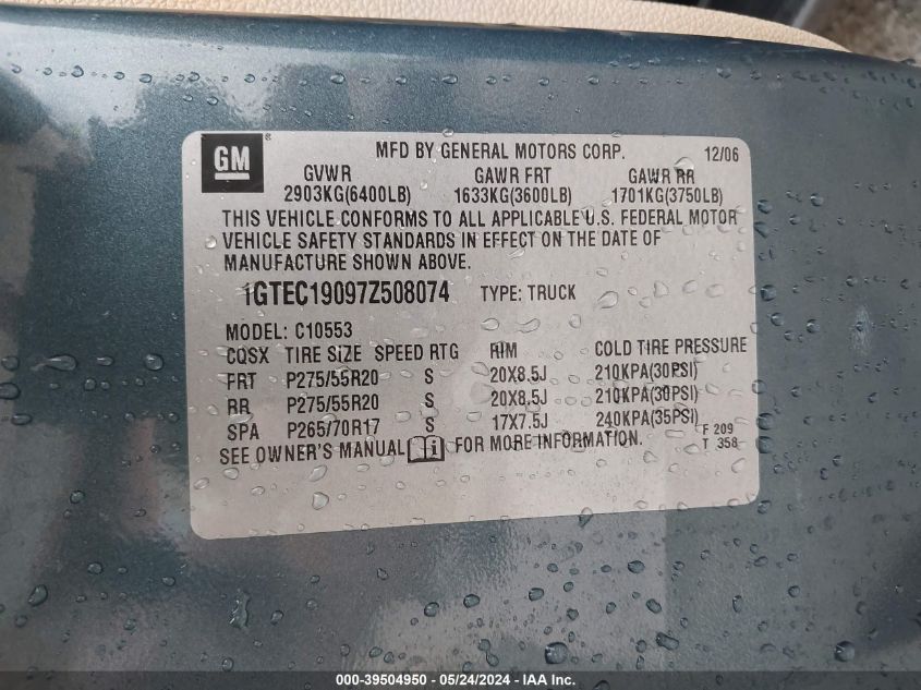 2007 GMC Sierra 1500 Sle2 VIN: 1GTEC19097Z508074 Lot: 39504950