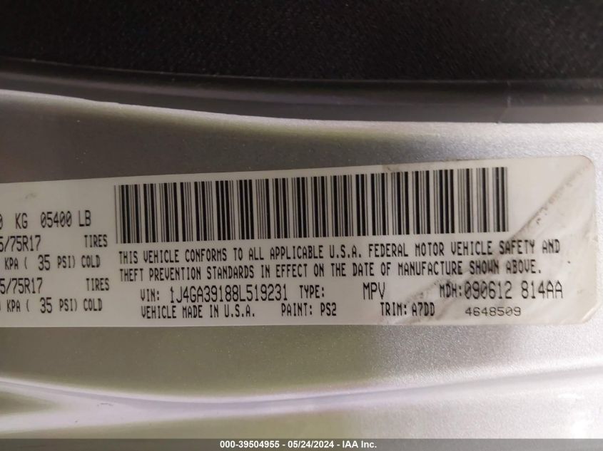 2008 Jeep Wrangler Unlimited X VIN: 1J4GA39188L519231 Lot: 39504955