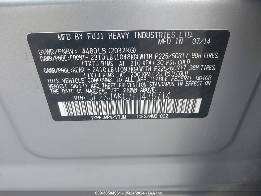 2015 SUBARU FORESTER 2.5I LIMITED - JF2SJAKC7FH476714