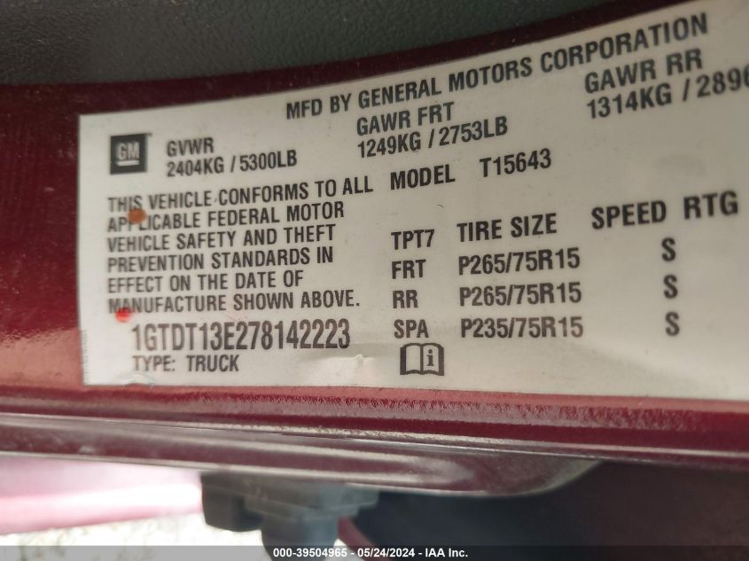 2007 GMC Canyon Sle2 VIN: 1GTDT13E278142223 Lot: 39504965