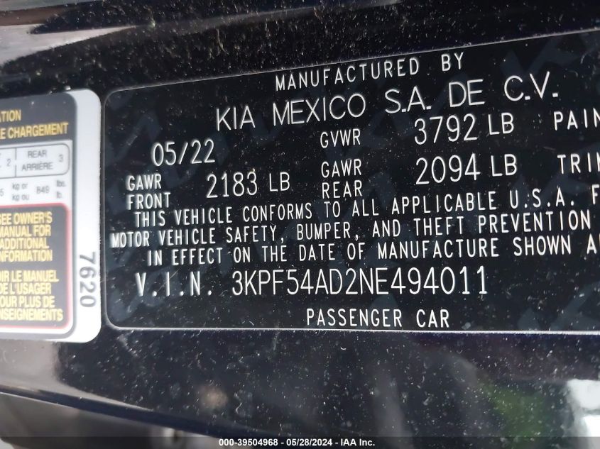 2022 Kia Forte Gt-Line VIN: 3KPF54AD2NE494011 Lot: 39504968