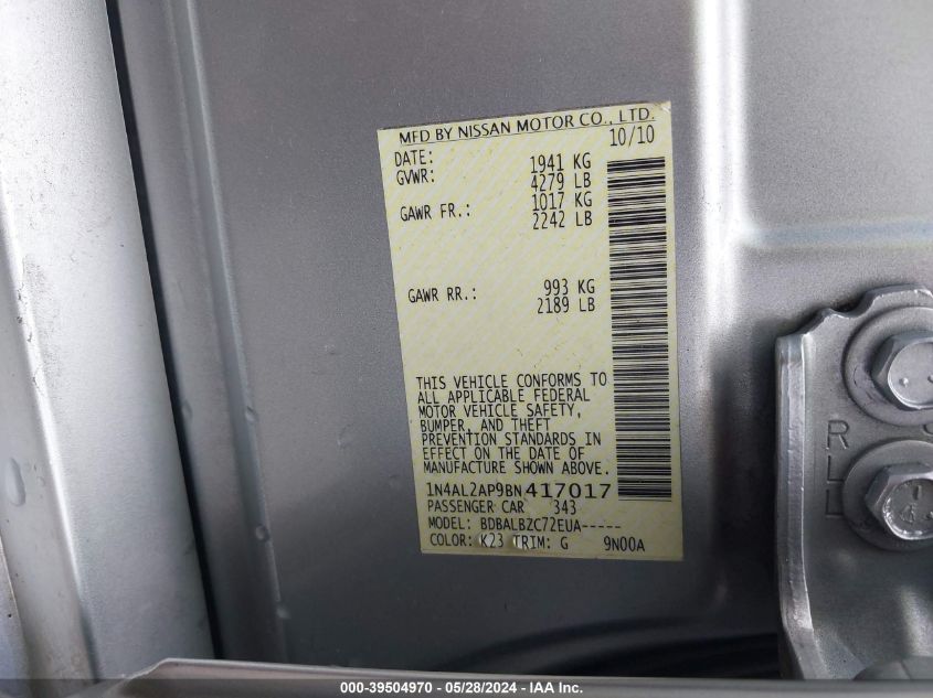 2011 Nissan Altima 2.5 S VIN: 1N4AL2AP9BN417017 Lot: 39504970